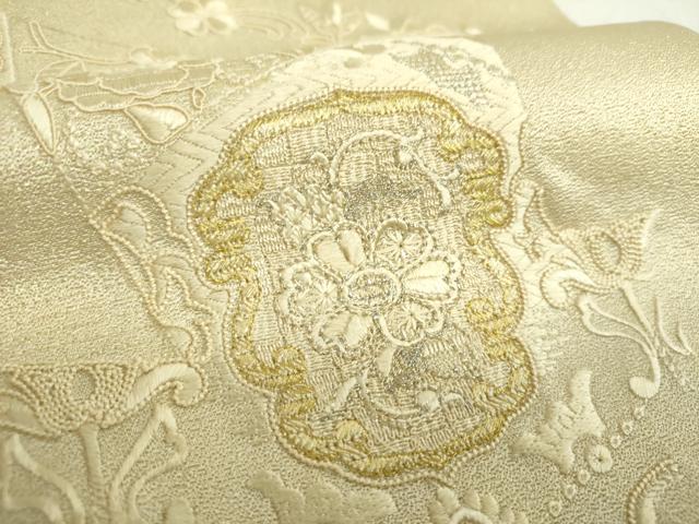 平和屋着物▼太鼓柄袋帯　総刺繍　更紗花文　金銀糸　銀通し地　正絹　逸品　未使用　DABI6504ps