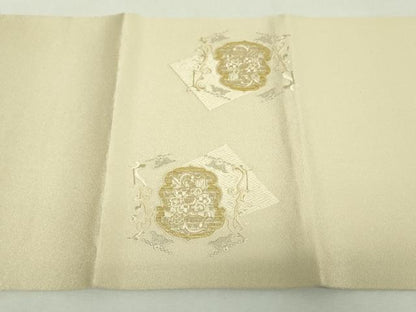 平和屋着物▼太鼓柄袋帯　総刺繍　更紗花文　金銀糸　銀通し地　正絹　逸品　未使用　DABI6504ps