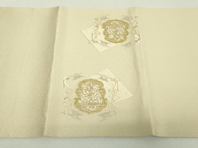 平和屋着物▼太鼓柄袋帯　総刺繍　更紗花文　金銀糸　銀通し地　正絹　逸品　未使用　DABI6504ps