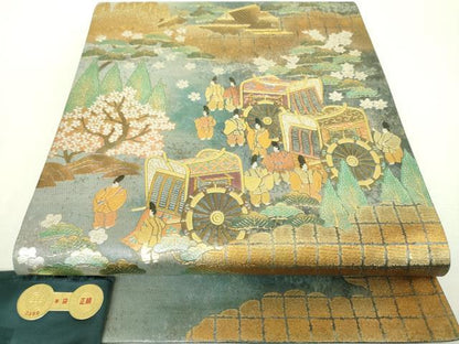 平和屋着物▼西陣　長野工芸謹製　六通柄袋帯　龍道作　雲取り御所車人物花文　金銀彩　引箔　証紙付き　正絹　逸品　DABI6505ps