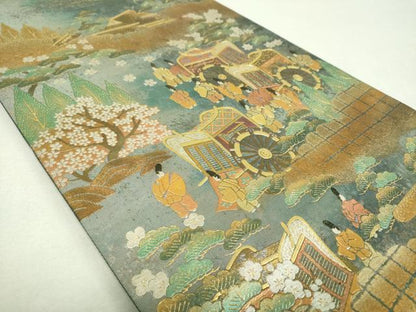 平和屋着物▼西陣　長野工芸謹製　六通柄袋帯　龍道作　雲取り御所車人物花文　金銀彩　引箔　証紙付き　正絹　逸品　DABI6505ps