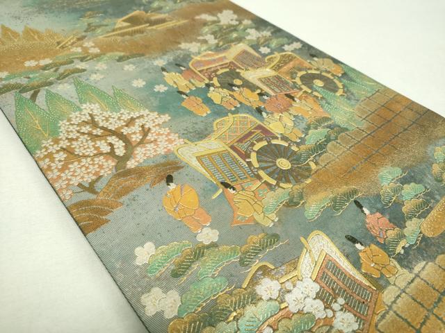 平和屋着物▼西陣　長野工芸謹製　六通柄袋帯　龍道作　雲取り御所車人物花文　金銀彩　引箔　証紙付き　正絹　逸品　DABI6505ps