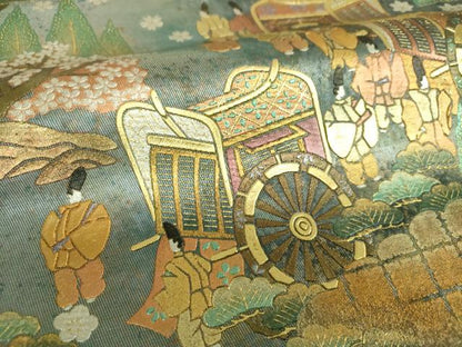 平和屋着物▼西陣　長野工芸謹製　六通柄袋帯　龍道作　雲取り御所車人物花文　金銀彩　引箔　証紙付き　正絹　逸品　DABI6505ps