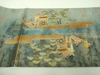 平和屋着物▼西陣　長野工芸謹製　六通柄袋帯　龍道作　雲取り御所車人物花文　金銀彩　引箔　証紙付き　正絹　逸品　DABI6505ps