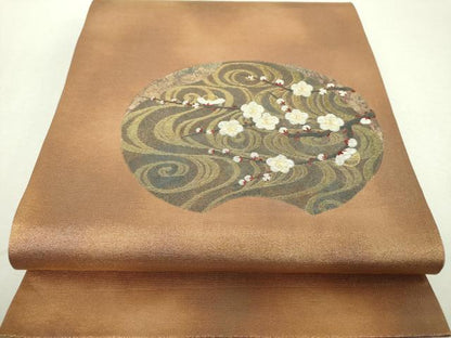 平和屋着物▼中国三大刺繍　相良刺繍　太鼓柄袋帯　流水枝梅　金糸　引箔　正絹　逸品　DABI6506ps