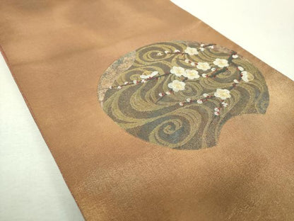 平和屋着物▼中国三大刺繍　相良刺繍　太鼓柄袋帯　流水枝梅　金糸　引箔　正絹　逸品　DABI6506ps