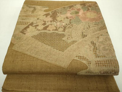 平和屋着物●中国三大刺繍　スワトウ相良刺繍　汕頭相良刺繍　総刺繍　太鼓柄袋帯　紬地　地紙花文　正絹　逸品　DABI6507ps