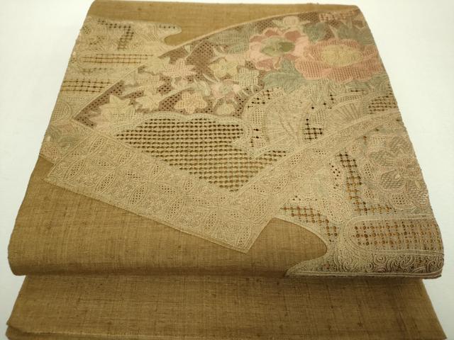 平和屋着物●中国三大刺繍　スワトウ相良刺繍　汕頭相良刺繍　総刺繍　太鼓柄袋帯　紬地　地紙花文　正絹　逸品　DABI6507ps