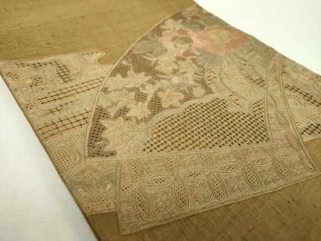 平和屋着物●中国三大刺繍　スワトウ相良刺繍　汕頭相良刺繍　総刺繍　太鼓柄袋帯　紬地　地紙花文　正絹　逸品　DABI6507ps