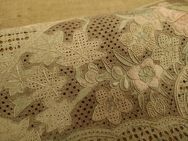 平和屋着物●中国三大刺繍　スワトウ相良刺繍　汕頭相良刺繍　総刺繍　太鼓柄袋帯　紬地　地紙花文　正絹　逸品　DABI6507ps