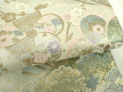 平和屋着物▼六通柄袋帯　唐織　扇面花文　金糸　引箔　正絹　逸品　DABI6516ps