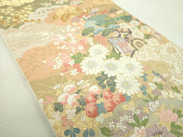平和屋着物▼六通柄袋帯　唐織　御所車籬花文　金糸　正絹　逸品　未使用　DABI6525ps