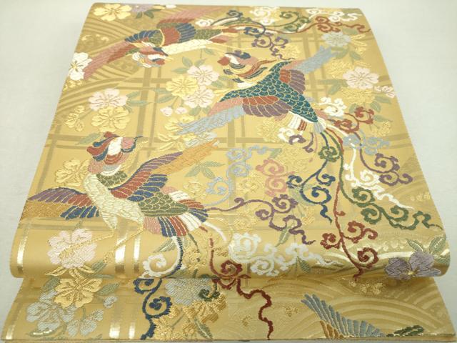 平和屋着物▼西陣　帯匠山下謹製　六通柄袋帯　唐織　枝垂れ桜　立波鳳凰　金銀糸　反端・証紙付き　正絹　逸品　DABI6533ps