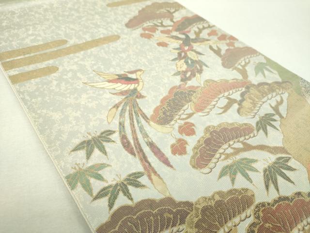 平和屋着物▼太鼓柄袋帯　螺鈿箔　鳳凰笹松文　金銀彩　引箔　正絹　逸品　未使用　DABI6545ps