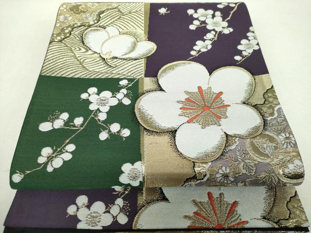 平和屋着物▼六通柄袋帯　市松舞梅　金糸　正絹　逸品　DABI6549ps
