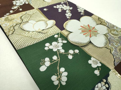 平和屋着物▼六通柄袋帯　市松舞梅　金糸　正絹　逸品　DABI6549ps