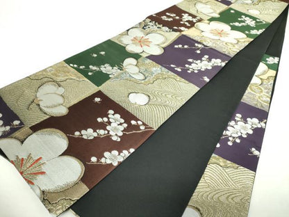 平和屋着物▼六通柄袋帯　市松舞梅　金糸　正絹　逸品　DABI6549ps