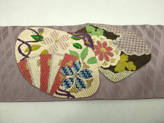 平和屋着物●アンティーク　大正ロマン　九寸名古屋帯　絽刺し　区限刺繍　駒刺繍　総刺繍　貝合わせ花文　金銀糸　正絹　逸品　DABI6552ps