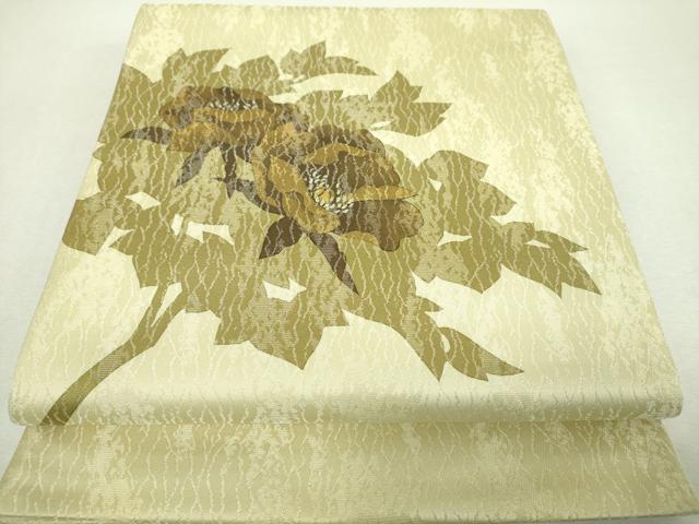 平和屋着物▼太鼓柄袋帯　草花文　シルエット　金彩　銀通し地　正絹　逸品　DABI6555ps