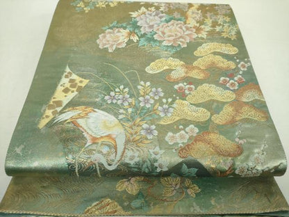 平和屋着物▼六通柄袋帯　地紙花鳥文　金銀糸　引箔　正絹　逸品　DABI6556ps