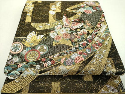 平和屋着物▼六通柄袋帯　舞蝶熨斗花車文　金銀糸　正絹　逸品　DABI6569ps