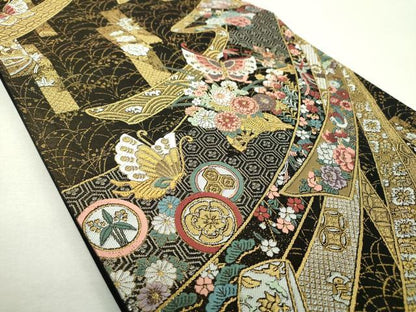 平和屋着物▼六通柄袋帯　舞蝶熨斗花車文　金銀糸　正絹　逸品　DABI6569ps