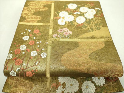 平和屋着物▼六通柄袋帯　唐織　飛鶴花文　紅白梅　金糸　引箔　正絹　逸品　DABI6571ps