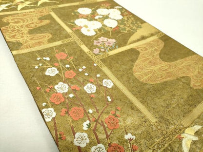平和屋着物▼六通柄袋帯　唐織　飛鶴花文　紅白梅　金糸　引箔　正絹　逸品　DABI6571ps