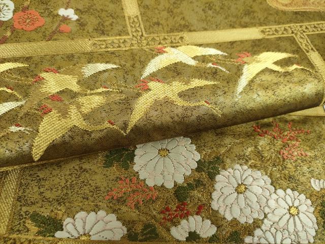 平和屋着物▼六通柄袋帯　唐織　飛鶴花文　紅白梅　金糸　引箔　正絹　逸品　DABI6571ps