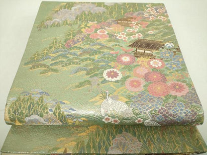 平和屋着物▼六通柄袋帯　風景花鳥文　金糸　正絹　逸品　DABI6577ps