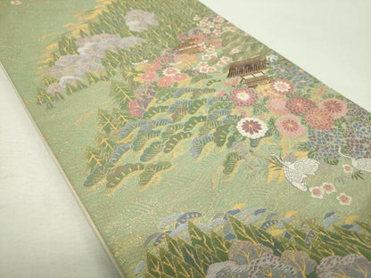 平和屋着物▼六通柄袋帯　風景花鳥文　金糸　正絹　逸品　DABI6577ps