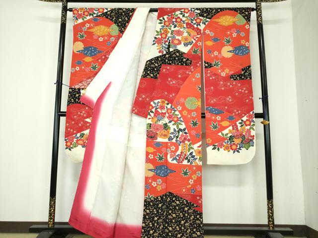 平和屋着物●和染紅型　栗山紅型　栗山吉三郎　振袖　舞蝶花文　正絹　逸品　DABI6597ps