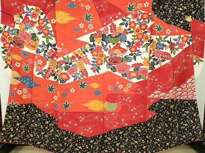 平和屋着物●和染紅型　栗山紅型　栗山吉三郎　振袖　舞蝶花文　正絹　逸品　DABI6597ps
