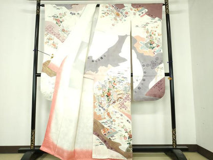 平和屋着物●豪華振袖　駒刺繍　御所車風景花文　金彩　正絹　逸品　DABI6606ps