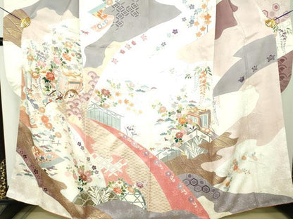 平和屋着物●豪華振袖　駒刺繍　御所車風景花文　金彩　正絹　逸品　DABI6606ps