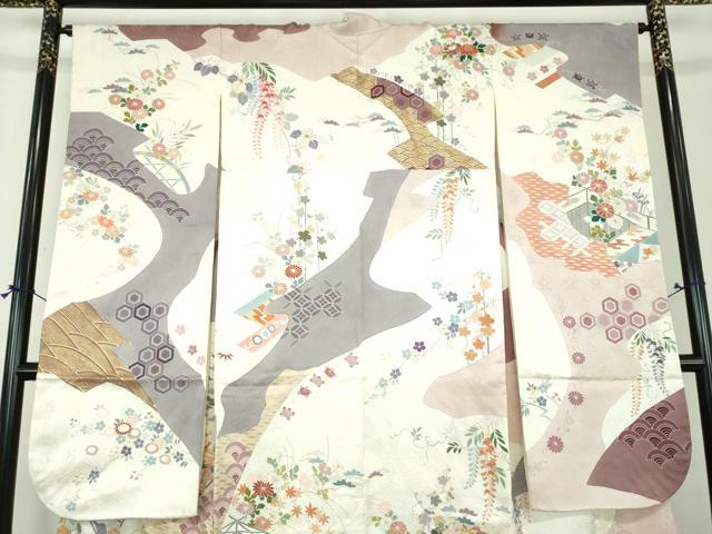 平和屋着物●豪華振袖　駒刺繍　御所車風景花文　金彩　正絹　逸品　DABI6606ps