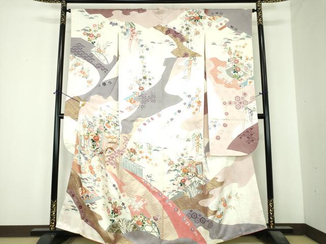 平和屋着物●豪華振袖　駒刺繍　御所車風景花文　金彩　正絹　逸品　DABI6606ps