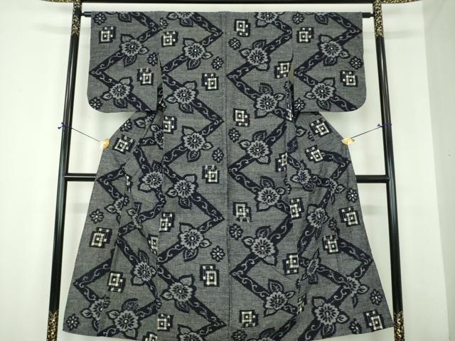 平和屋着物●久留米絣　単衣　花唐草文　綿　逸品　DABI6631ps