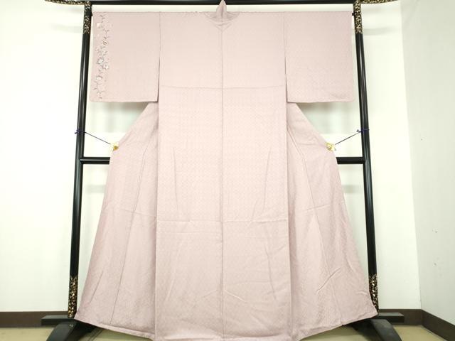 平和屋着物●上質な色無地　ワンポイント　市松地紋　更紗花文　灰桜色　正絹　逸品　未使用　DABI6647ps