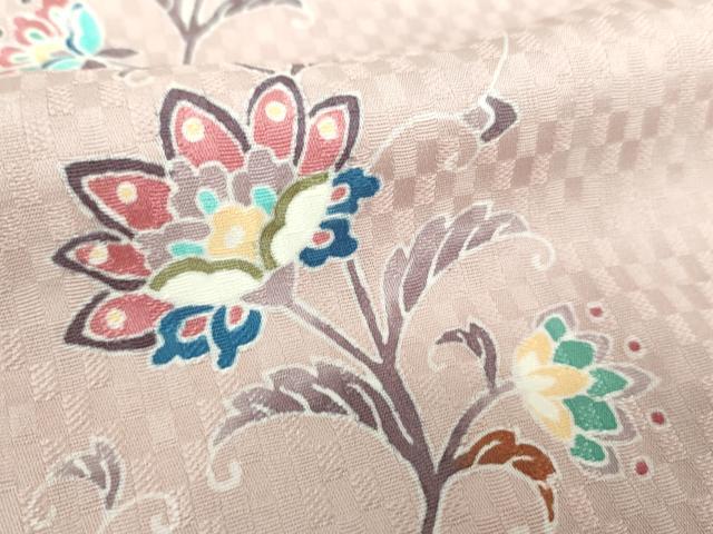 平和屋着物●上質な色無地　ワンポイント　市松地紋　更紗花文　灰桜色　正絹　逸品　未使用　DABI6647ps