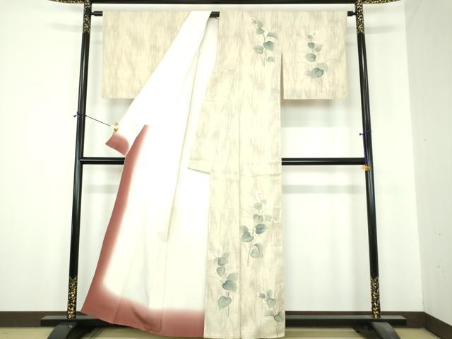 平和屋着物●訪問着　紬地　手描き　草花文　正絹　逸品　DABI6650ps