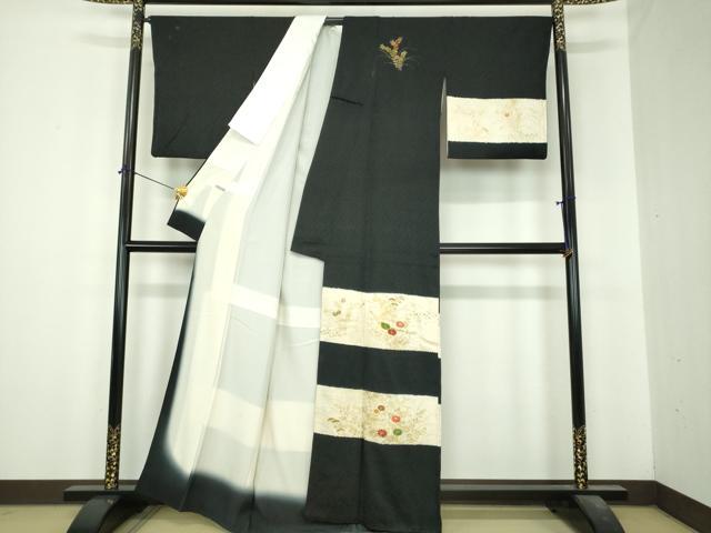 平和屋着物●中国三大刺繍　相良刺繍　訪問着　絞り　秋草文　黒地　金彩　や万本遊幾作　正絹　逸品　DABI6652ps