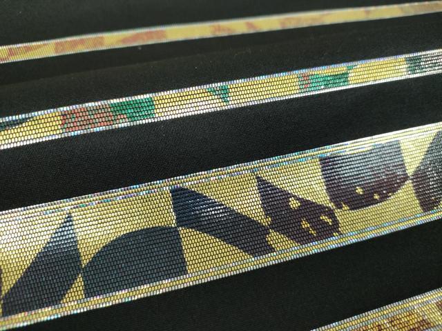平和屋着物▼六通柄袋帯　横段文　黒地　金銀彩　正絹　逸品　DABI6673ps