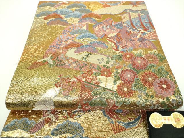 平和屋着物▼西陣　やまひで謹製　六通柄袋帯　人物風景花鳥文　金糸　証紙付き　正絹　逸品　DABI6695ps