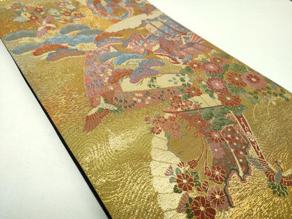平和屋着物▼西陣　やまひで謹製　六通柄袋帯　人物風景花鳥文　金糸　証紙付き　正絹　逸品　DABI6695ps