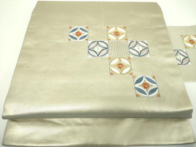 平和屋着物▼九寸名古屋帯　総刺繍　七宝花文　金糸　正絹　逸品　DABI6697ps