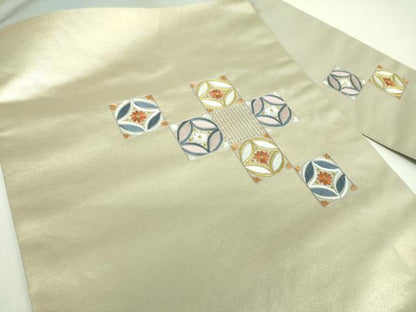 平和屋着物▼九寸名古屋帯　総刺繍　七宝花文　金糸　正絹　逸品　DABI6697ps