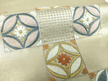 平和屋着物▼九寸名古屋帯　総刺繍　七宝花文　金糸　正絹　逸品　DABI6697ps