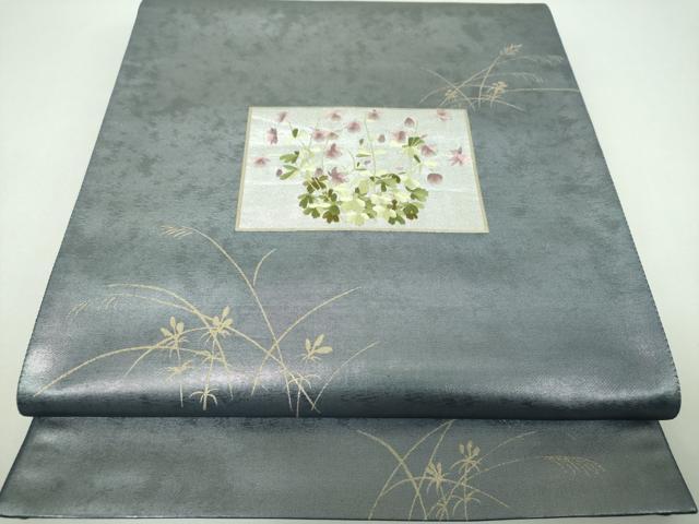 平和屋着物▼太鼓柄袋帯　刺繍　草花文　金銀彩　引箔　正絹　逸品　DABI6720ps