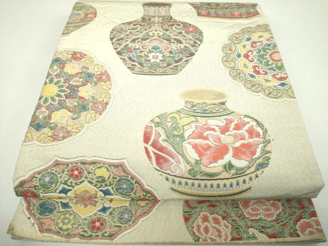 平和屋着物▼六通柄袋帯　中国花瓶　金糸　正絹　逸品　DABI6728ps